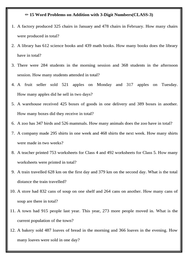 15 Addition Word Problems for Class 3 | PDF
