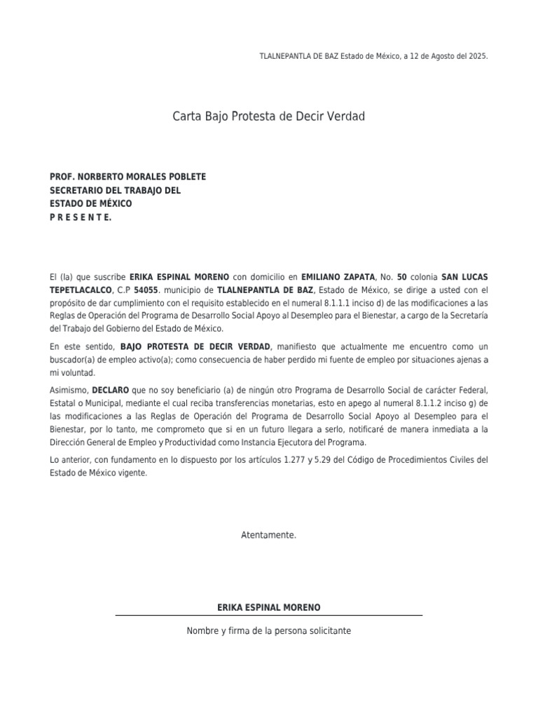 Eime741115mdfsrr04 Carta Bajo Protesta de Decir Verdad | PDF