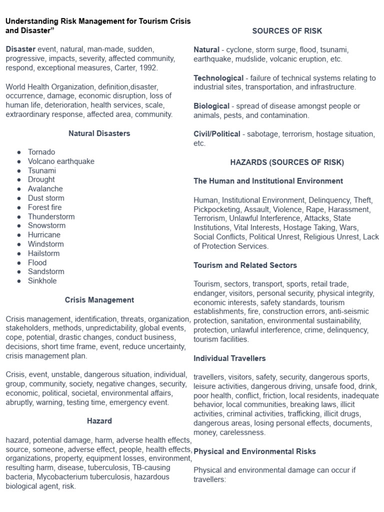 Risk Management in Tourism Crises | PDF | Natural Disasters | Microorganism