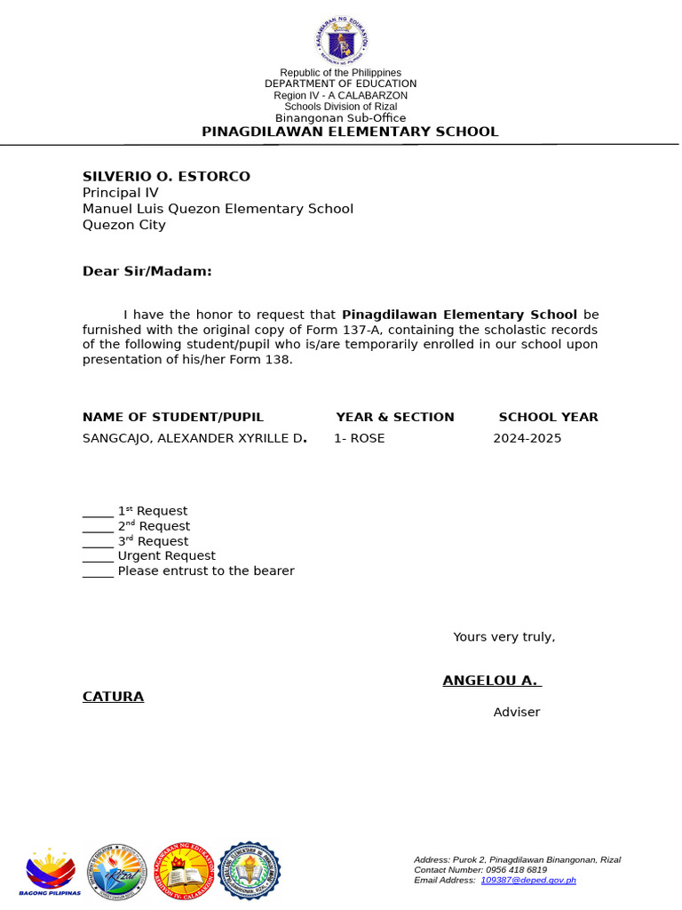 Request for Student Records at PES | PDF