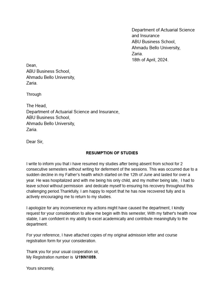 Resumption of Studies Notification | PDF