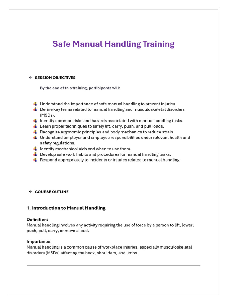 Safe Manual Handling Training Guide | PDF | Musculoskeletal System | Safety