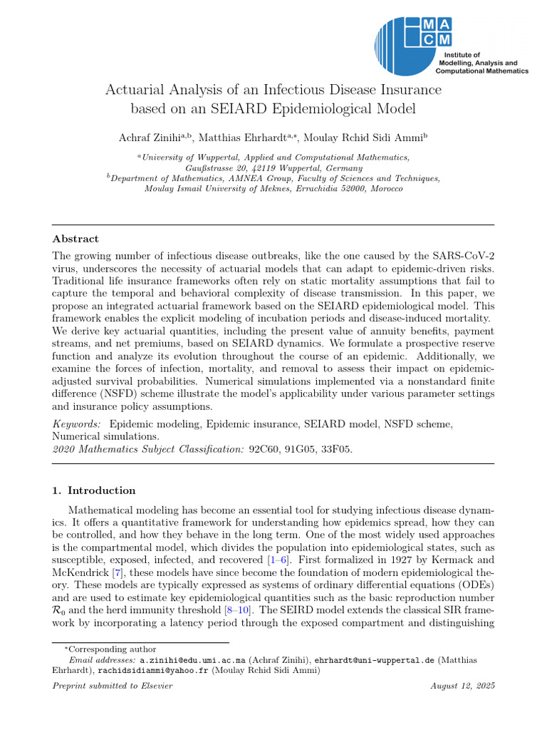 Actuarial Analysis of An Infectious Disease Insurance Based On An ...
