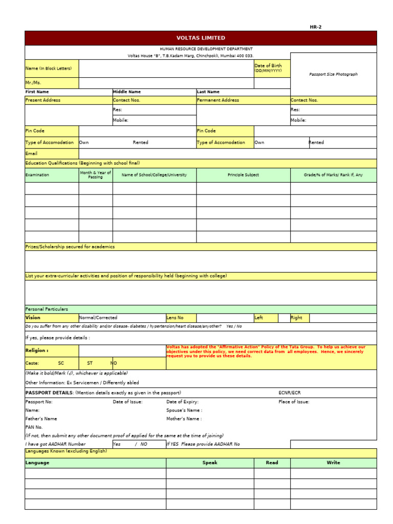 HR-2 Form for Voltas Employees | PDF