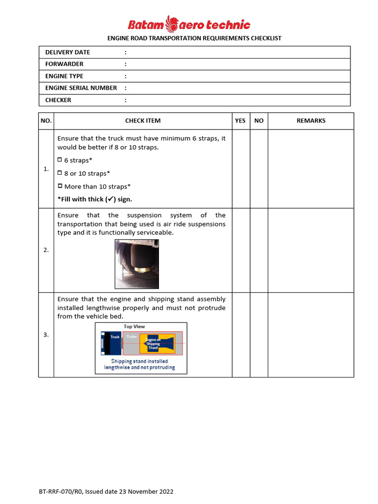 Engine Transportation Requirements Checklist | PDF