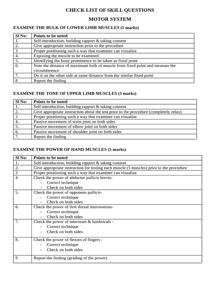 Neuro Exam Checklist for Motor Skills | PDF | Thumb | Anatomical Terms ...
