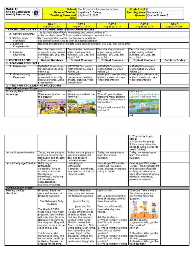 g1 q1 DLL Week 5 Mathematics | PDF | Curriculum | Learning