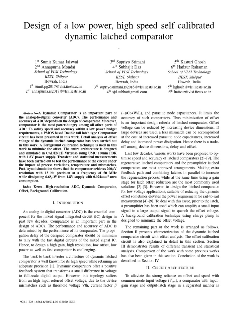 Low Power High-Speed Dynamic Comparator | PDF | Analog To Digital ...