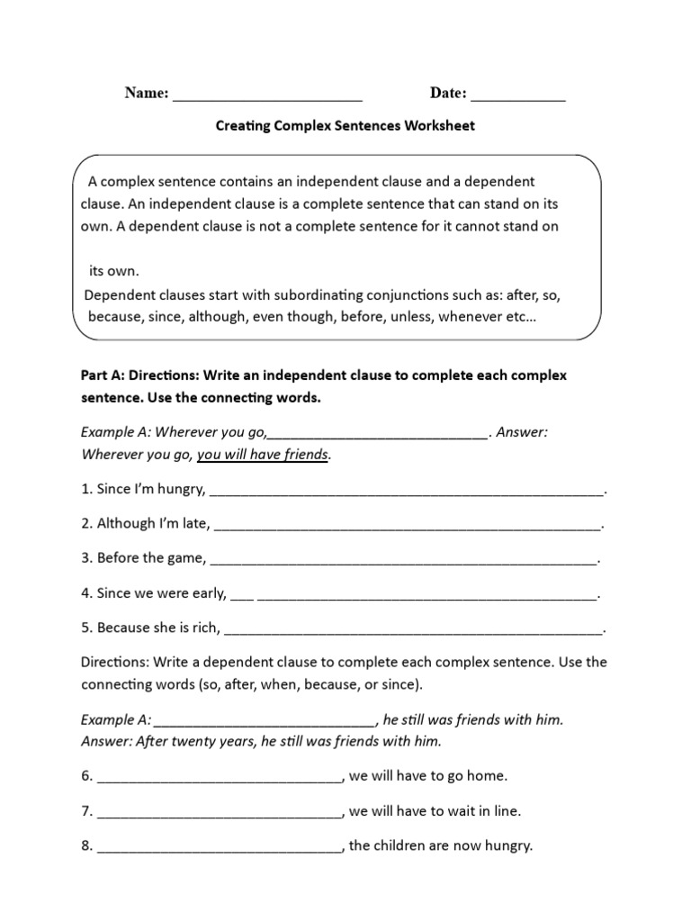 Creating Complex Sentences Worksheet | PDF | Clause | Linguistics