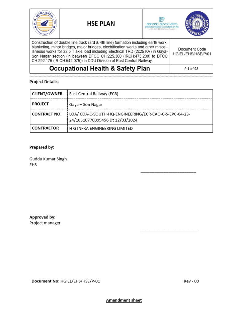HSE Plan for Gaya-Son Nagar Railway Project | PDF | Occupational Safety ...