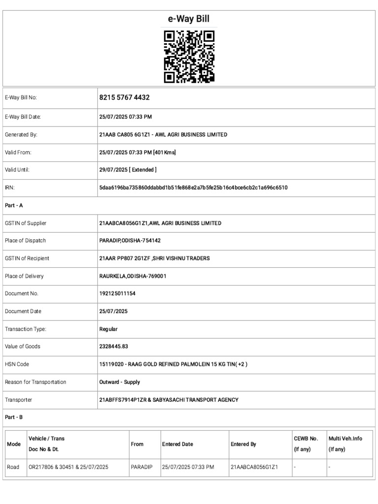 E-Way Bill Details for AWL Agri Business | PDF