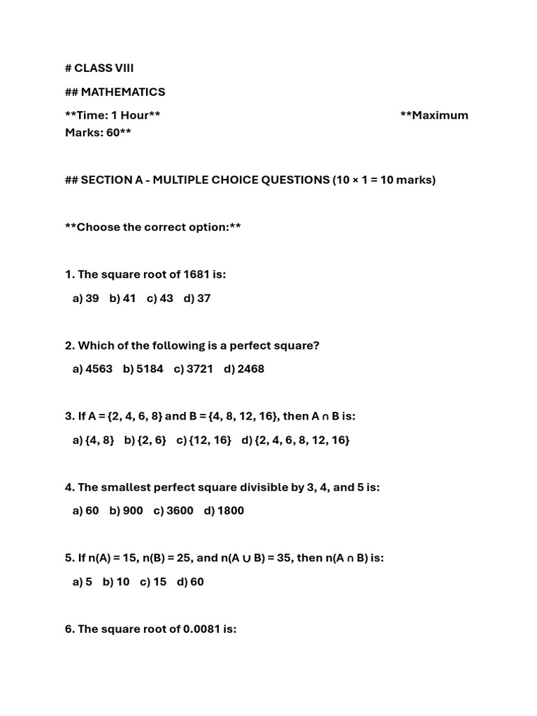 Class 8 Mathematics Exam Questions | PDF | Mathematics