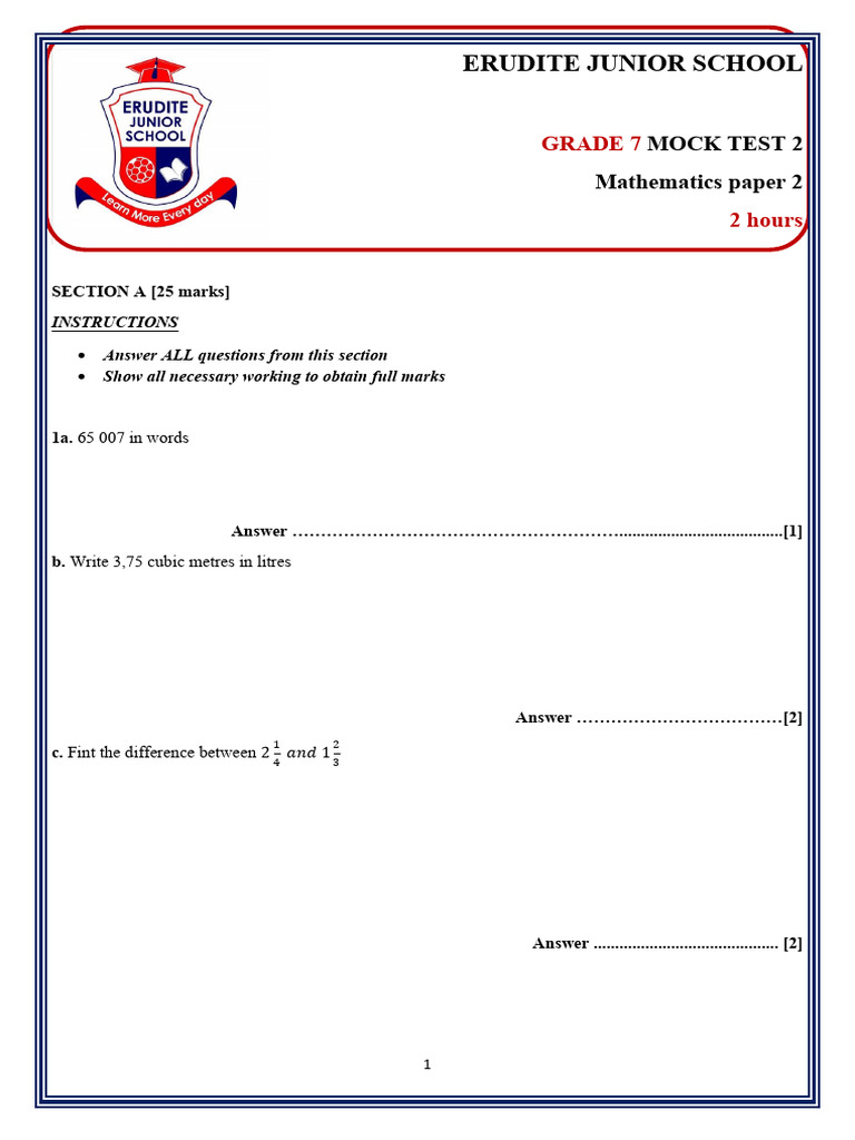 Grade 7 Mathematics Mock Test 2 | PDF | Area | Geometry