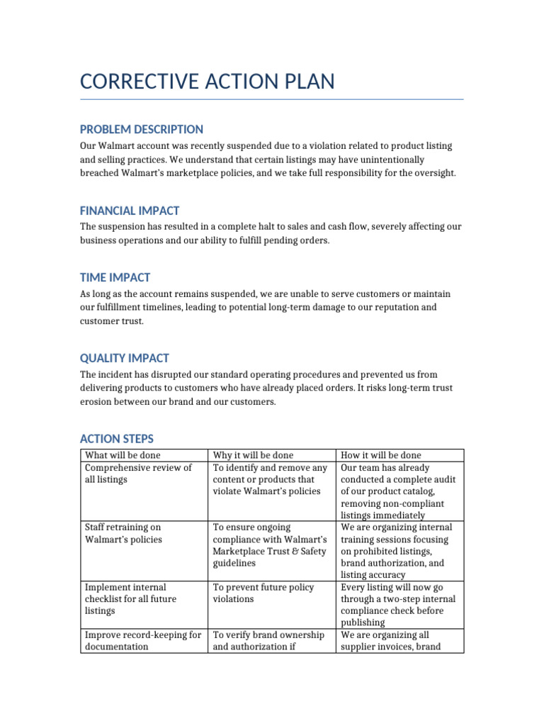 Corrective Action Plan Walmart | PDF | Regulatory Compliance | Walmart