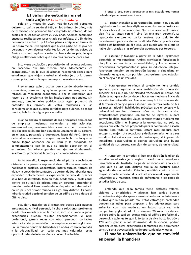 Ventajas de estudiar en el extranjero | PDF | Empleo | Perú