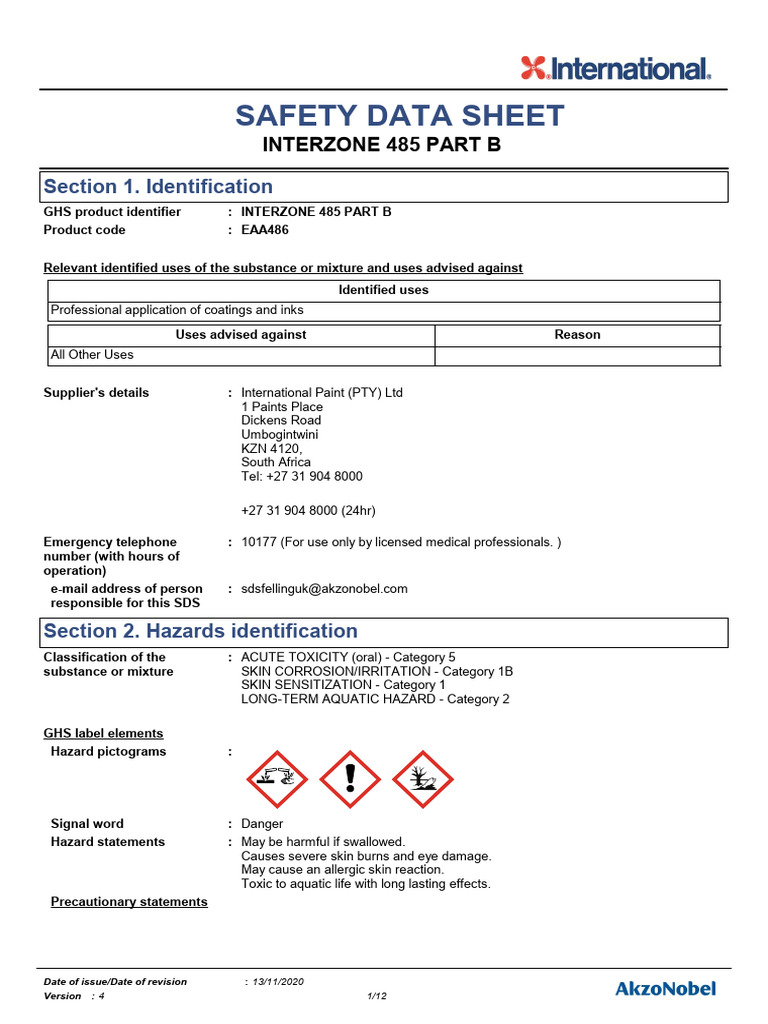 INTERZONE 485 Part B Safety Data Sheet | PDF | Toxicity | Occupational ...
