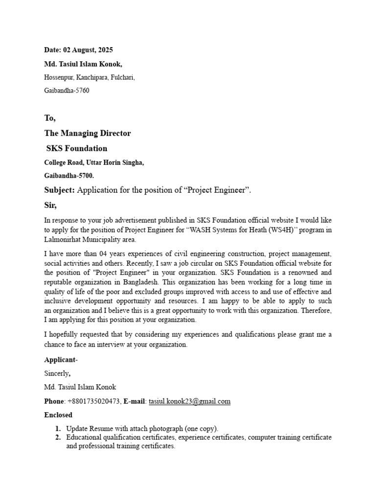 SKS Foundation Project Engineer Application | PDF