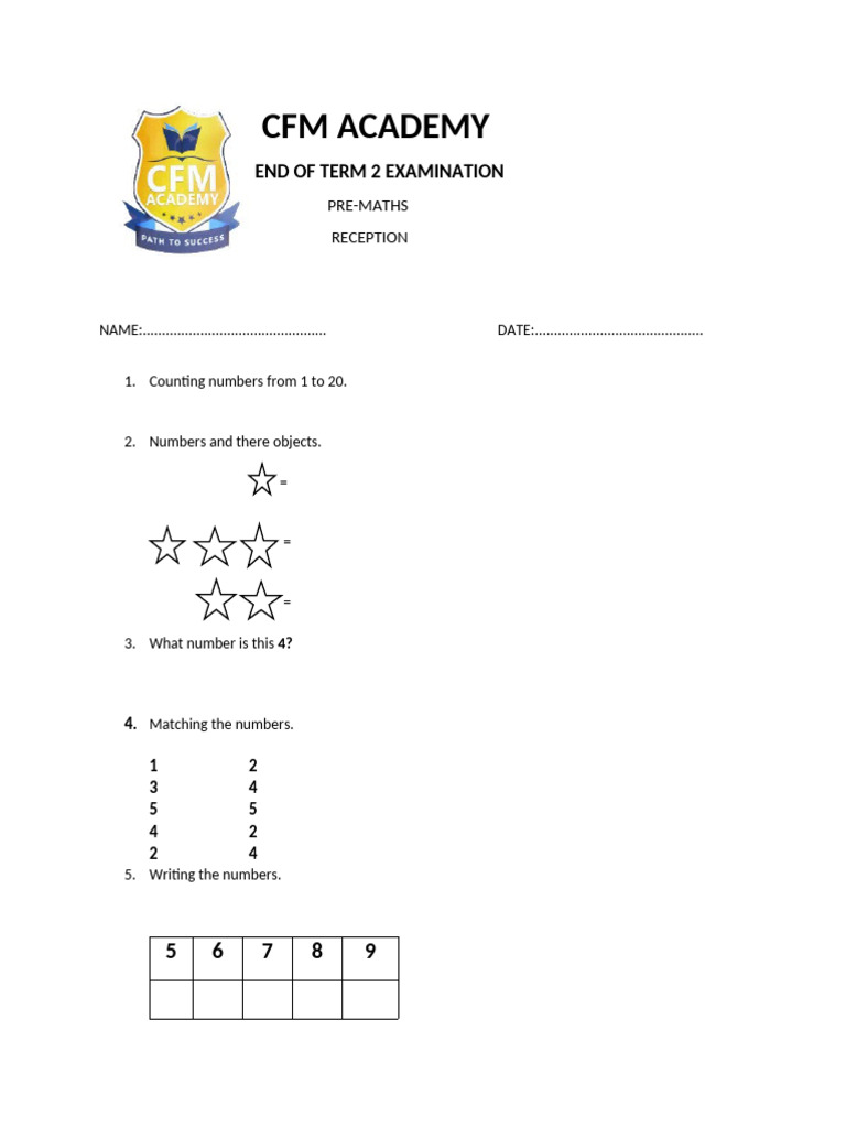 Pre-Maths Exam for Reception Students | PDF