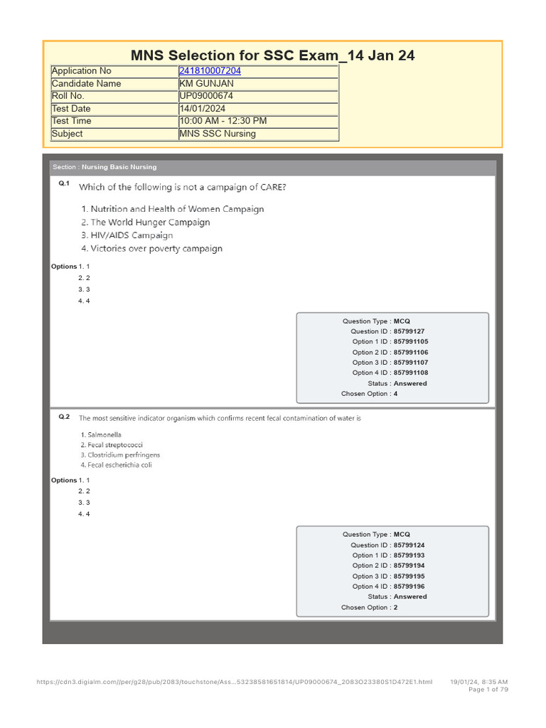 MNS SSC Nursing Exam MCQ Responses | PDF | Multiple Choice ...