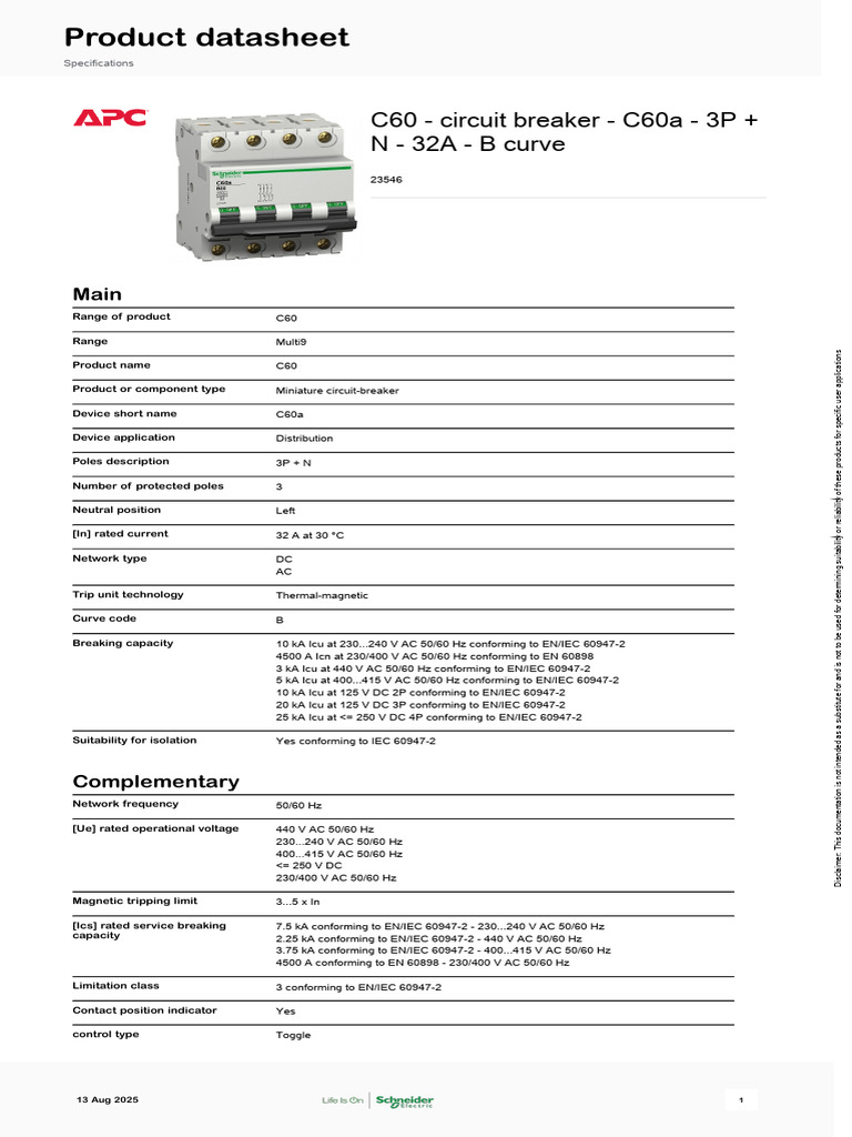 C60A Miniature Circuit Breaker Specs | PDF | Alternating Current ...
