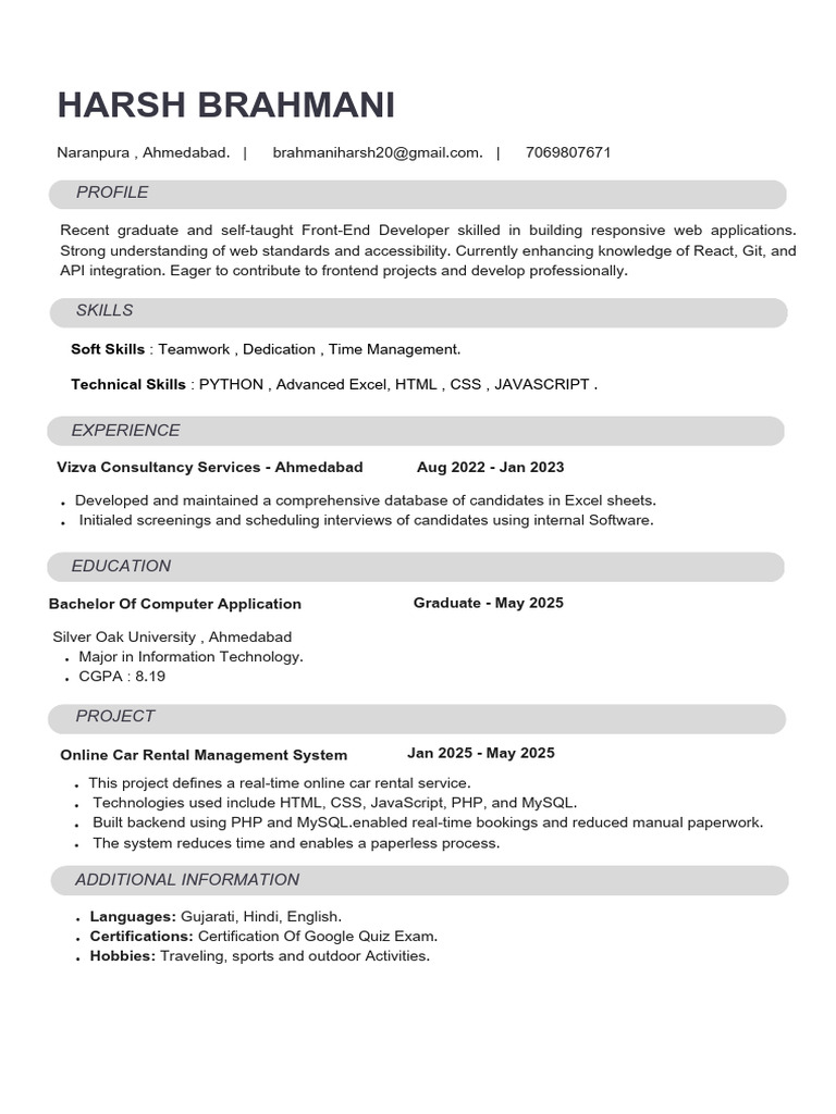 Front-End Developer Profile and Skills | PDF