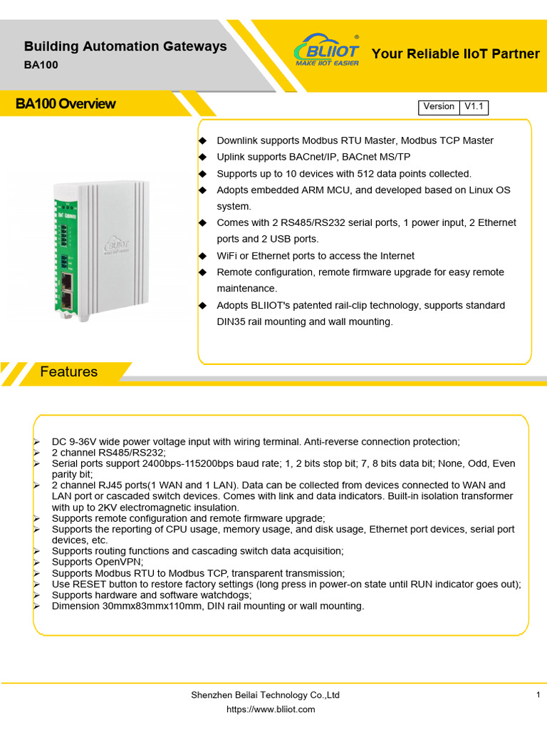 Building Automation Gateway BA100 Overview | PDF | Wi Fi | Computer Network