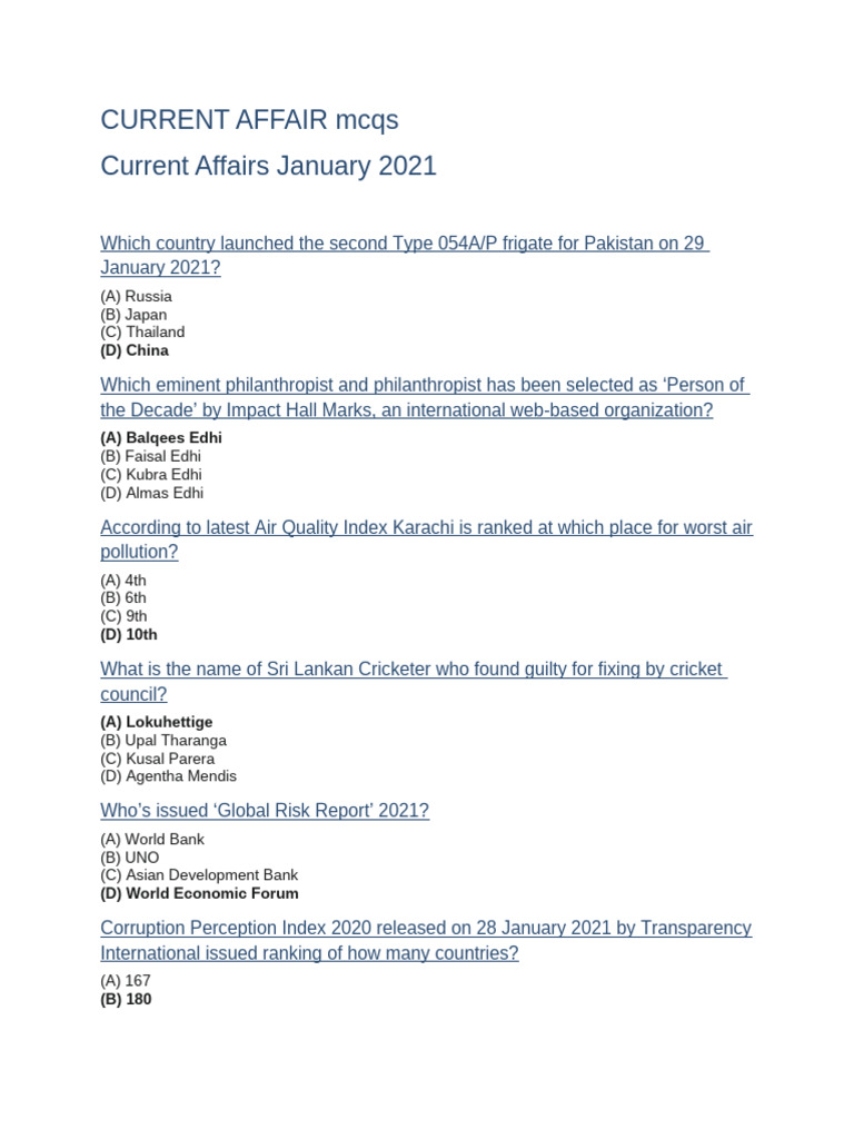 January 2021 Current Affairs MCQs | PDF | Pakistan | Gulf Cooperation ...