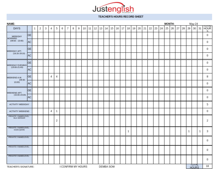 Teacher Hours Record Sheet May 2024 | PDF