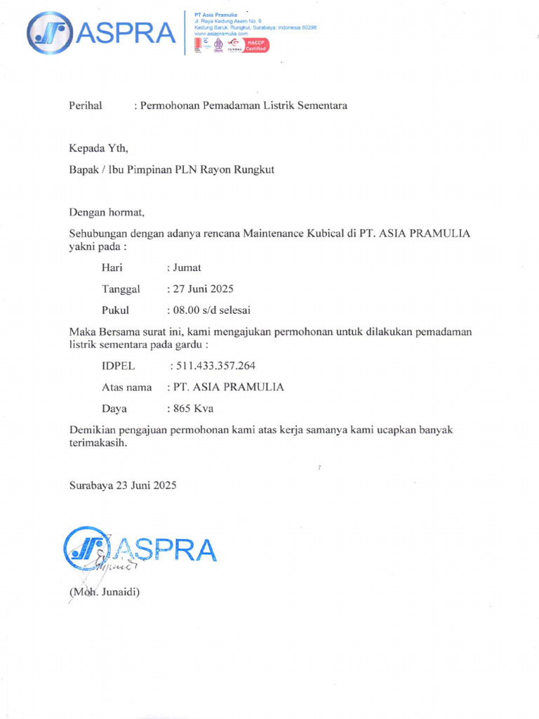 Surat Permohonan Maintenance Kubical 865 Kva PT Asia Pramulia | PDF