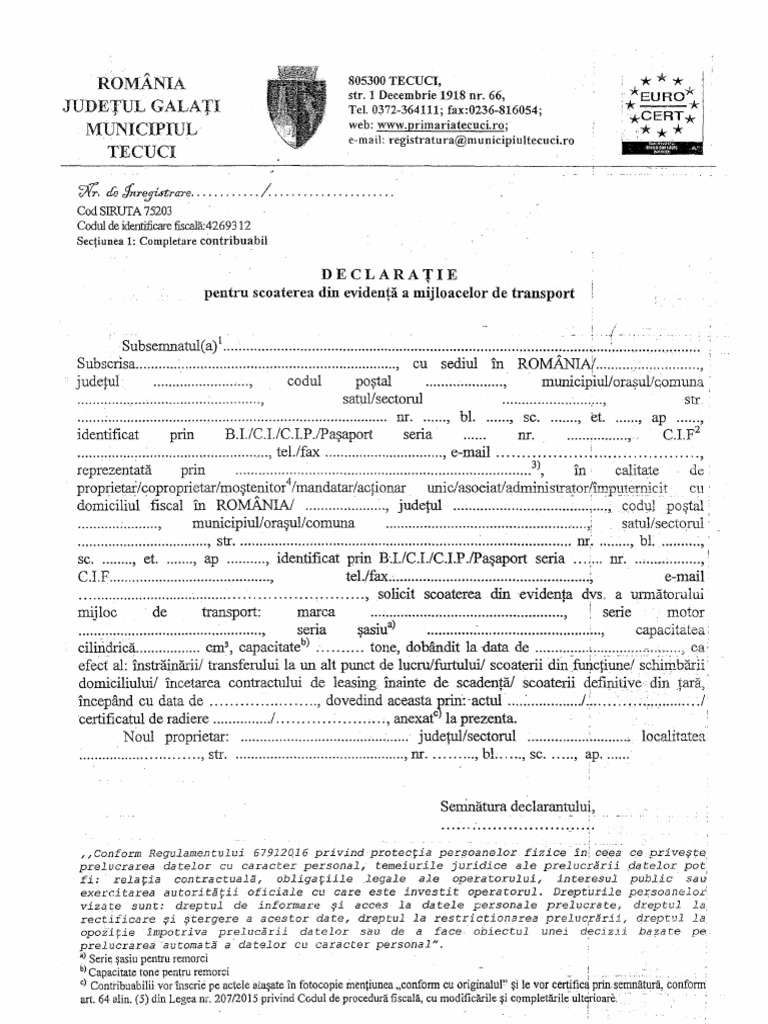 Declaratie Scoatere Din Evidenta Mijloc Transport | PDF