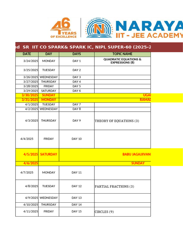 NIPL Super-60 Mathematics Schedule 2025-26 | PDF | Electromagnetic ...