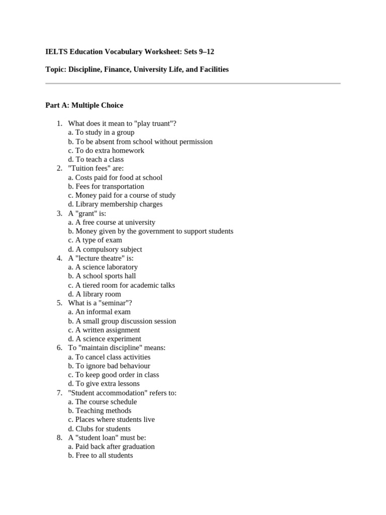IELTS Education Vocabulary Worksheet | PDF