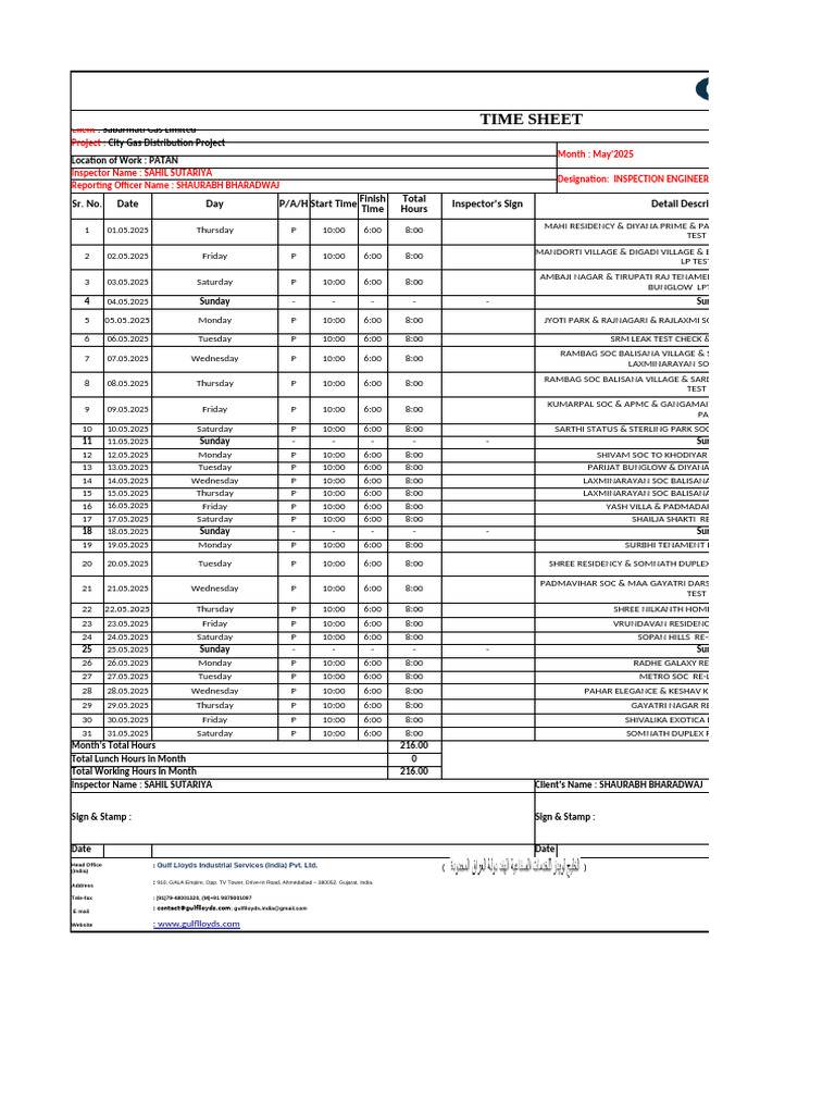 May 2025 Inspection Timesheet Patan | PDF