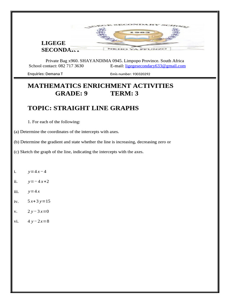Grade 9 Mathematics: Straight Line Graphs | PDF