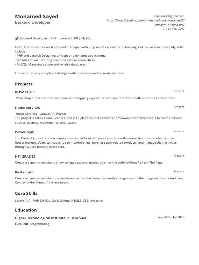 Experienced PHP Laravel Backend Developer | PDF | Php | Systems ...
