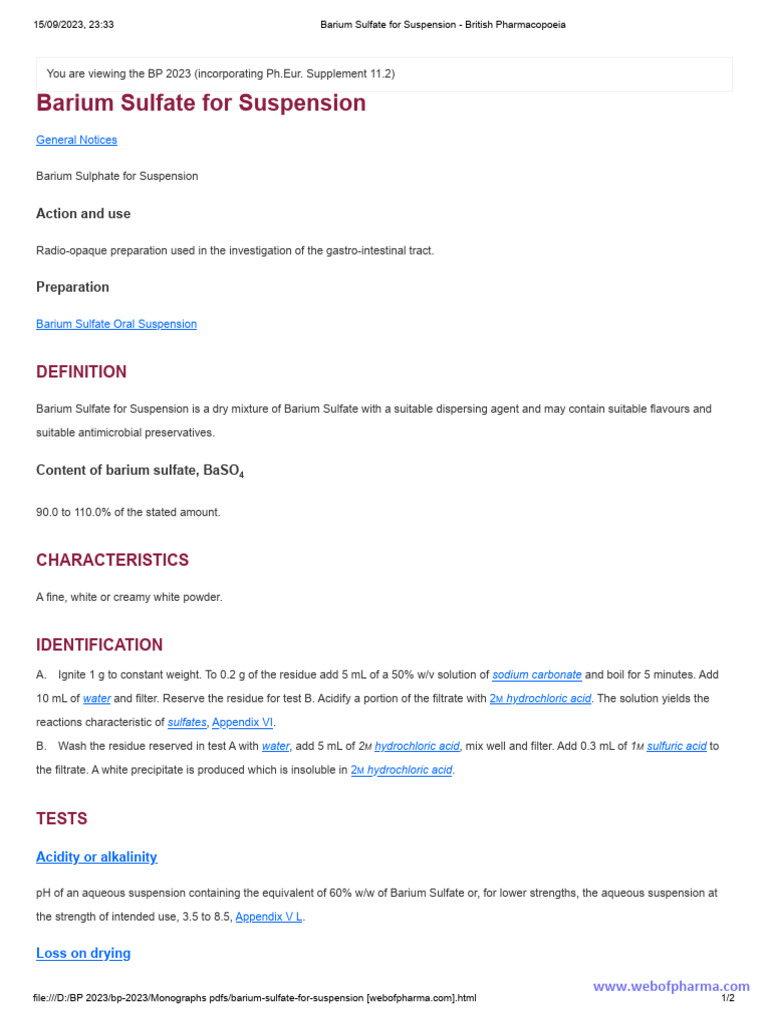 Barium Sulfate Suspension Specifications | PDF | Sulfate | Acid