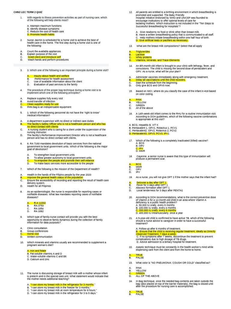 CHN2 Lec Term 2 Long Quiz | PDF | Breastfeeding | Breast Milk