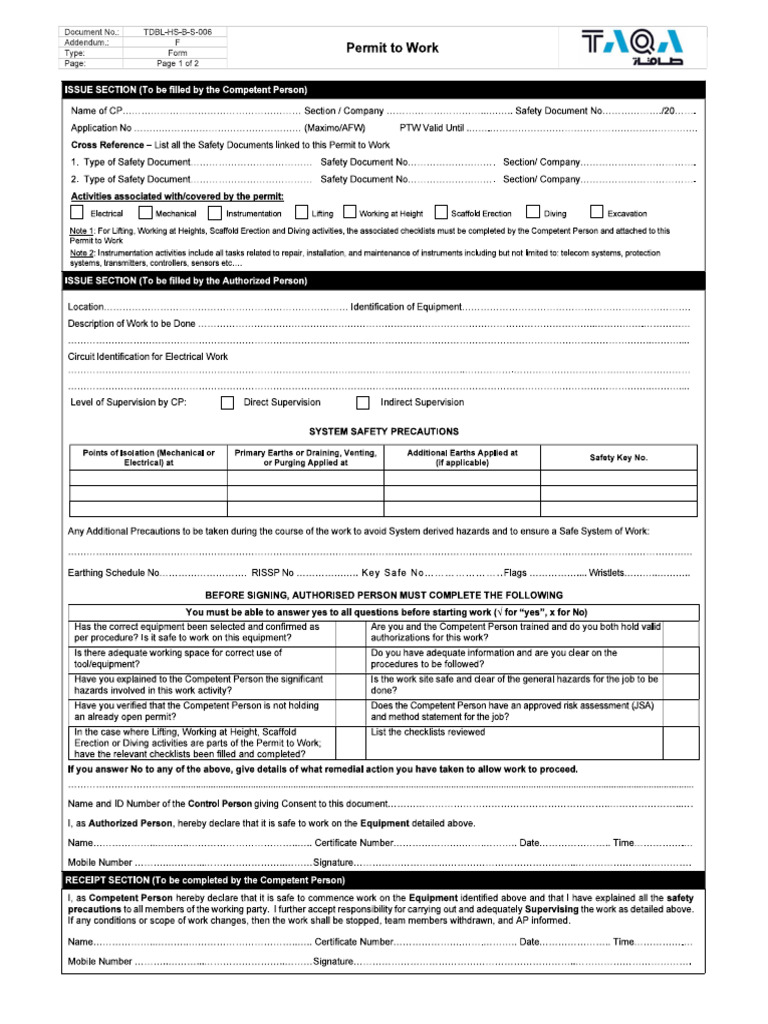 PTW, Loto - Safety Documents | PDF