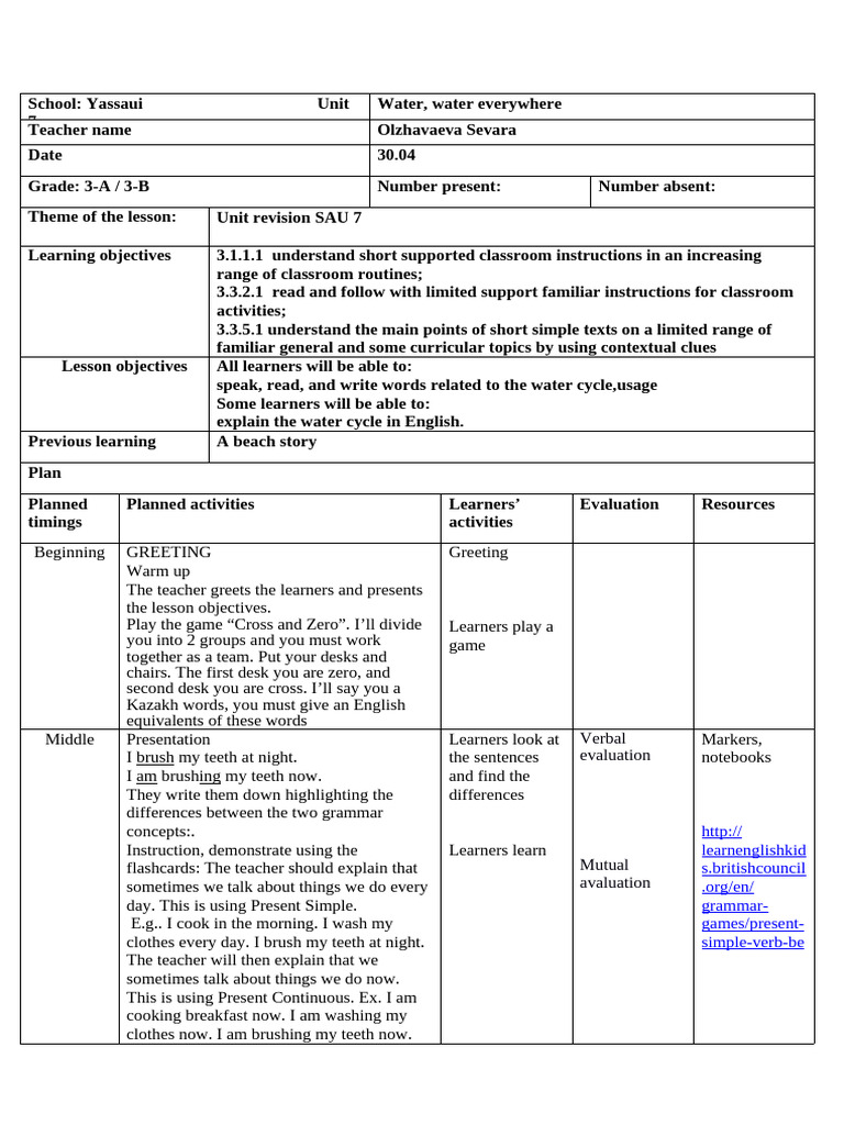 Water Cycle Lesson Plan for Grade 3 | PDF | Classroom | Human Communication