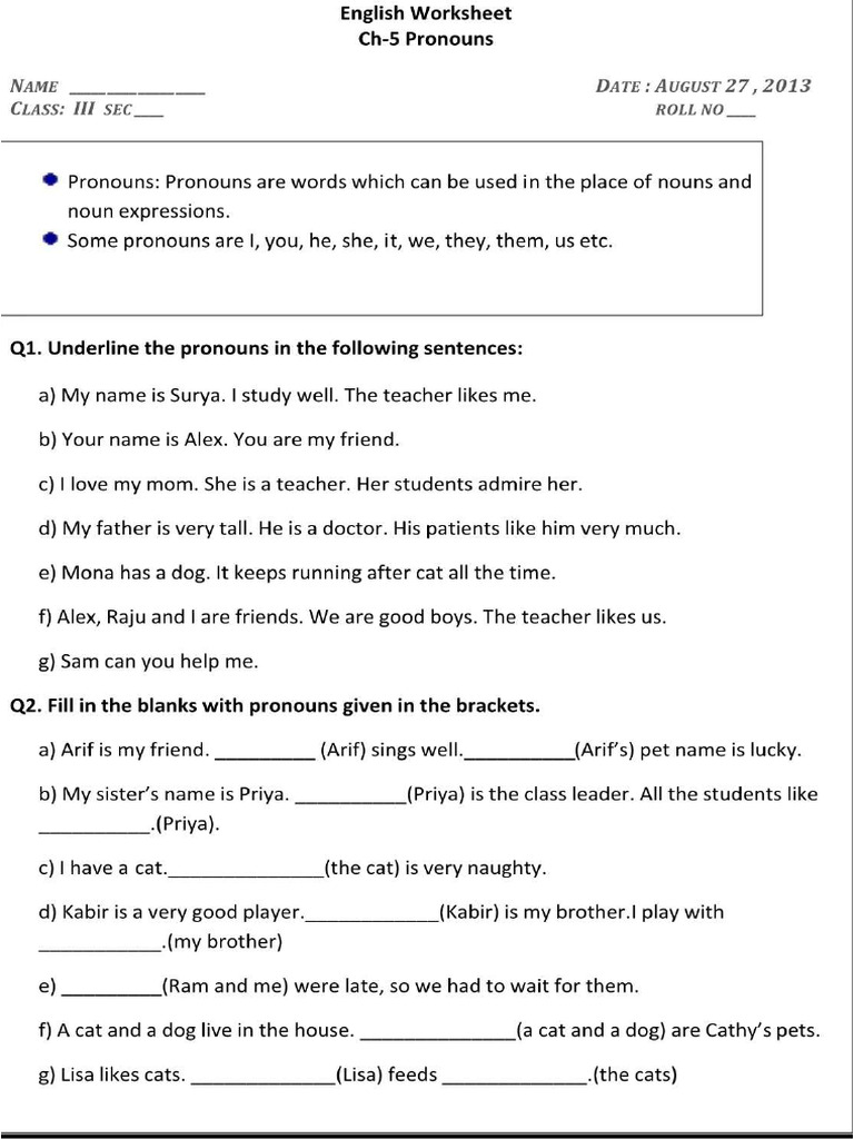 Class 3 Pronouns Worksheet | PDF