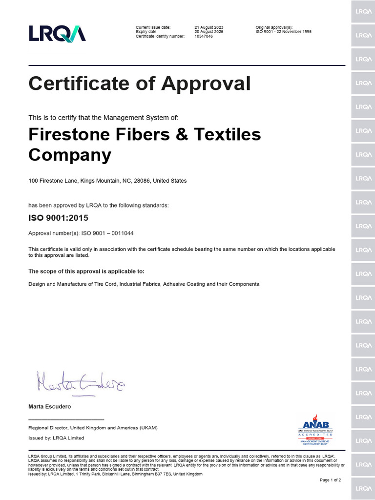 Firestone Fibers & Textiles ISO 9001 Certification | PDF | Legal ...