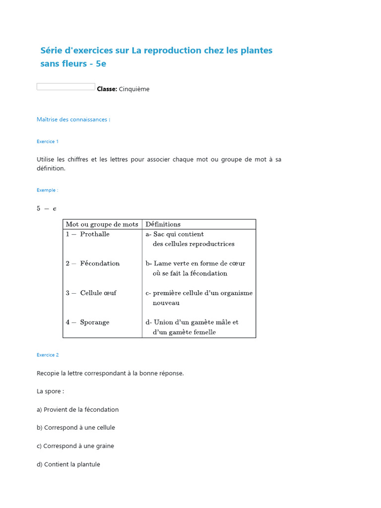 Reproduction des plantes sans fleurs - 5e | PDF