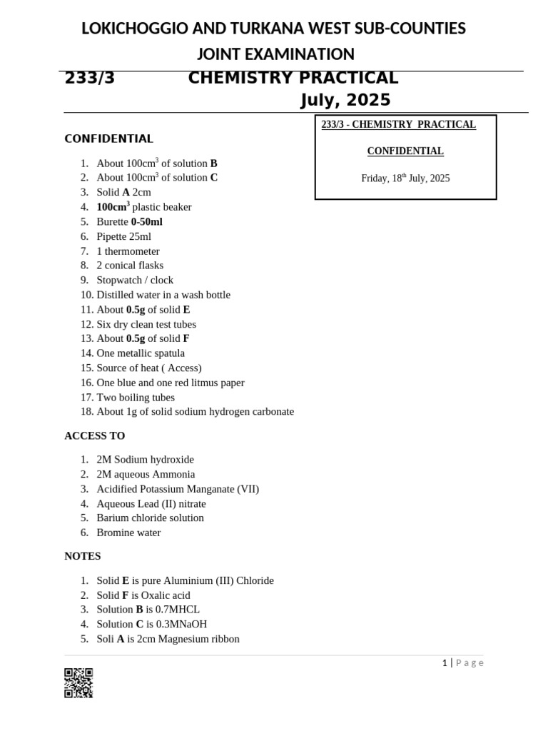 KCSE 2025 Chemistry Practical Exam | PDF