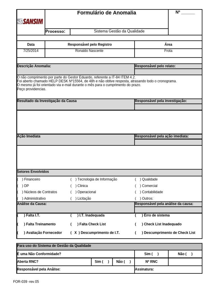 Formulário de Anomalia - Rev.06 | PDF