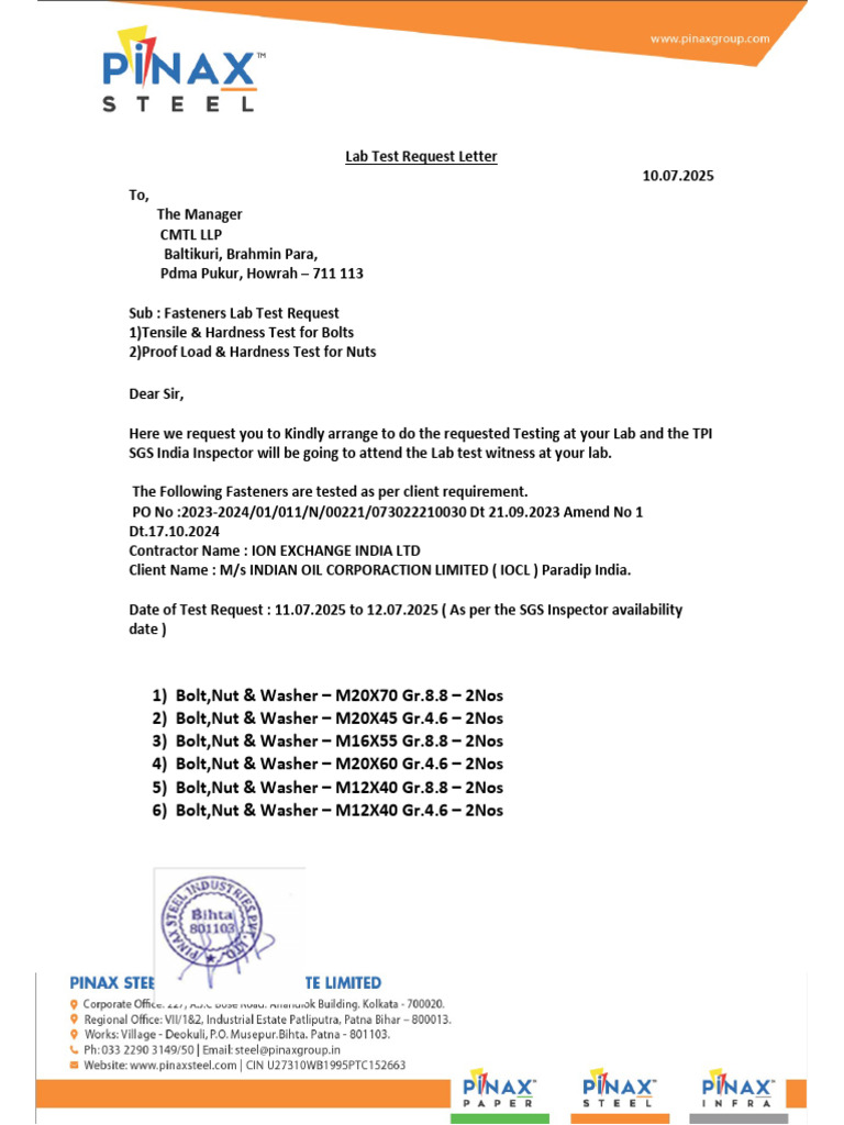 Fasteners Lab Test Request Letter | PDF