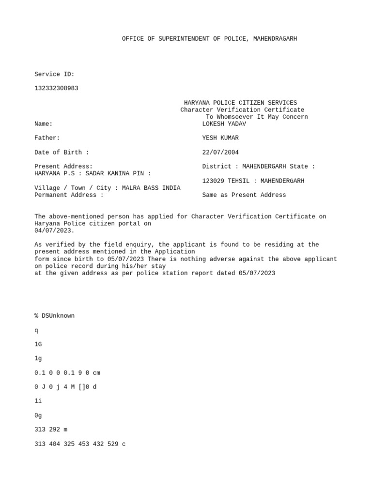 Haryana Police Character Verification Certificate | PDF