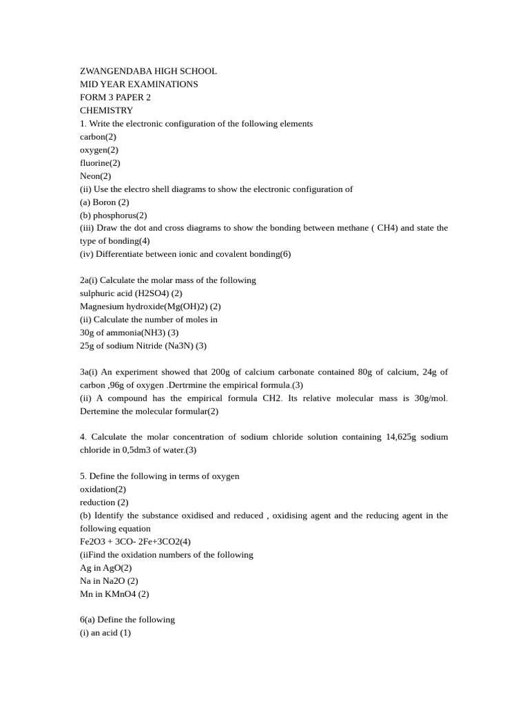 Form 3 Chemistry Mid-Year Exam Paper | PDF