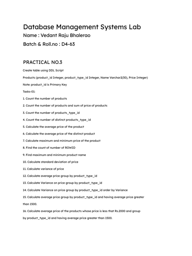 DBMS Lab Practical - No.3 | PDF | Variance | Data Management