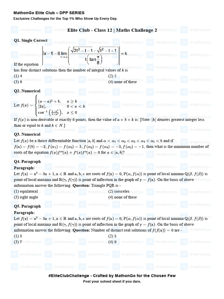 MathonGo Elite Club: Class 12 Maths Challenge | PDF