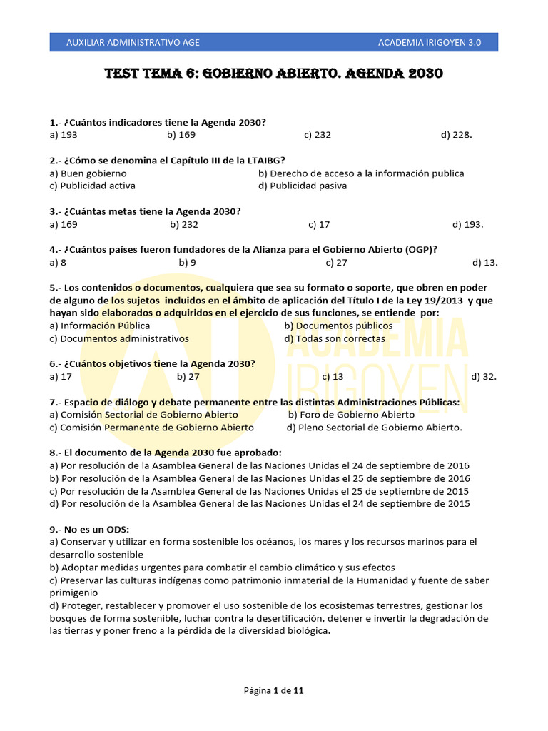Test sobre Agenda 2030 y Gobierno Abierto | PDF | Sustentabilidad ...